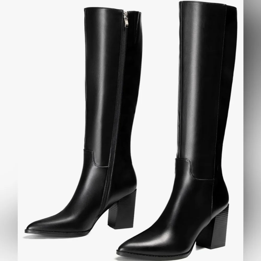 vivianly Women's Wide Knee-High Boots, Pointed Toe Block Heel Zipper, Fashion - Picture 1 of 7